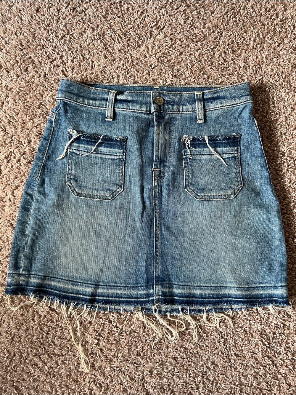 7 For All Mankind Blue Denim Frayed-Hem Mini Skirt - Vintage, Y2K